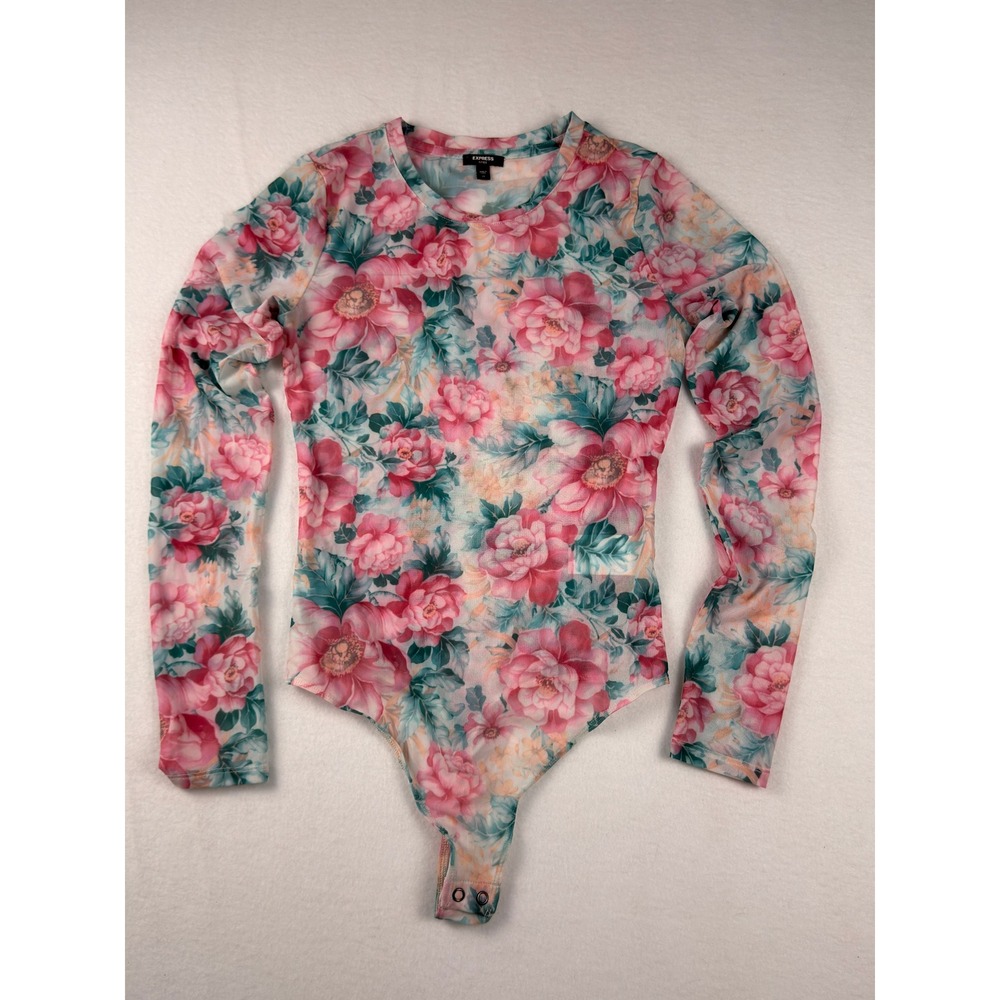 Express Womens XS Pink Floral Mesh Long Sleeve Bodysuit Fitted Sheer Crew Neck